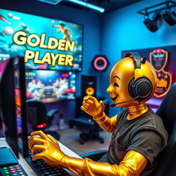 A golden humanoid figure, symbolizing a stylish golden person, engaged in an exhilarating gaming session in a contemporary studio room