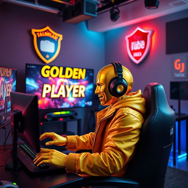 A golden humanoid figure, symbolizing a stylish golden person, engaged in an exhilarating gaming session in a contemporary studio room