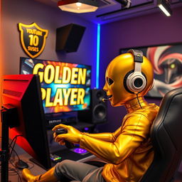 A golden humanoid figure, symbolizing a stylish golden person, engaged in an exhilarating gaming session in a contemporary studio room