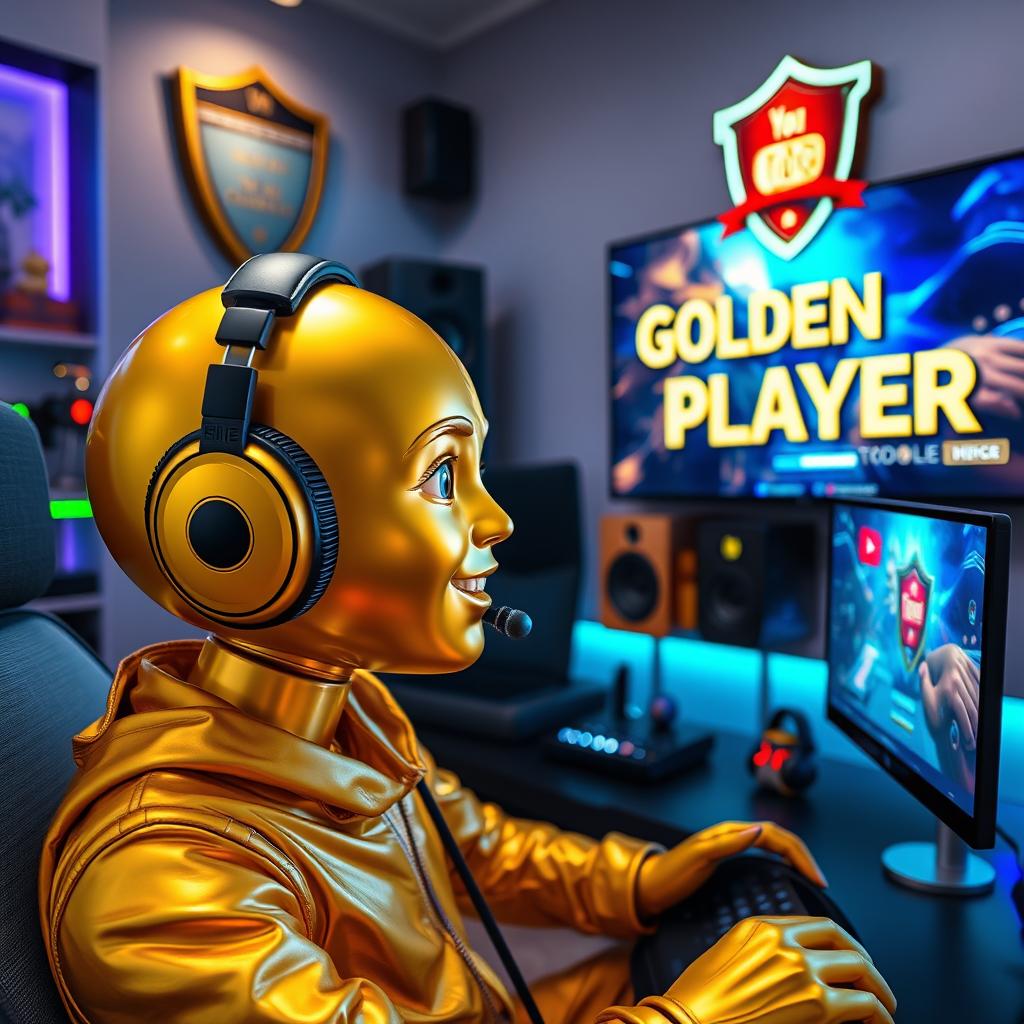 A golden humanoid figure, symbolizing a stylish golden person, engaged in an exhilarating gaming session in a contemporary studio room