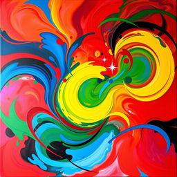 A vibrant and colorful abstract painting with an emphasis on bold reds, deep blues, rich greens, and bright yellows, completely excluding any white tones