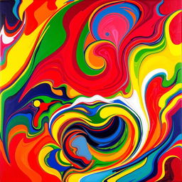 A vibrant and colorful abstract painting with an emphasis on bold reds, deep blues, rich greens, and bright yellows, completely excluding any white tones