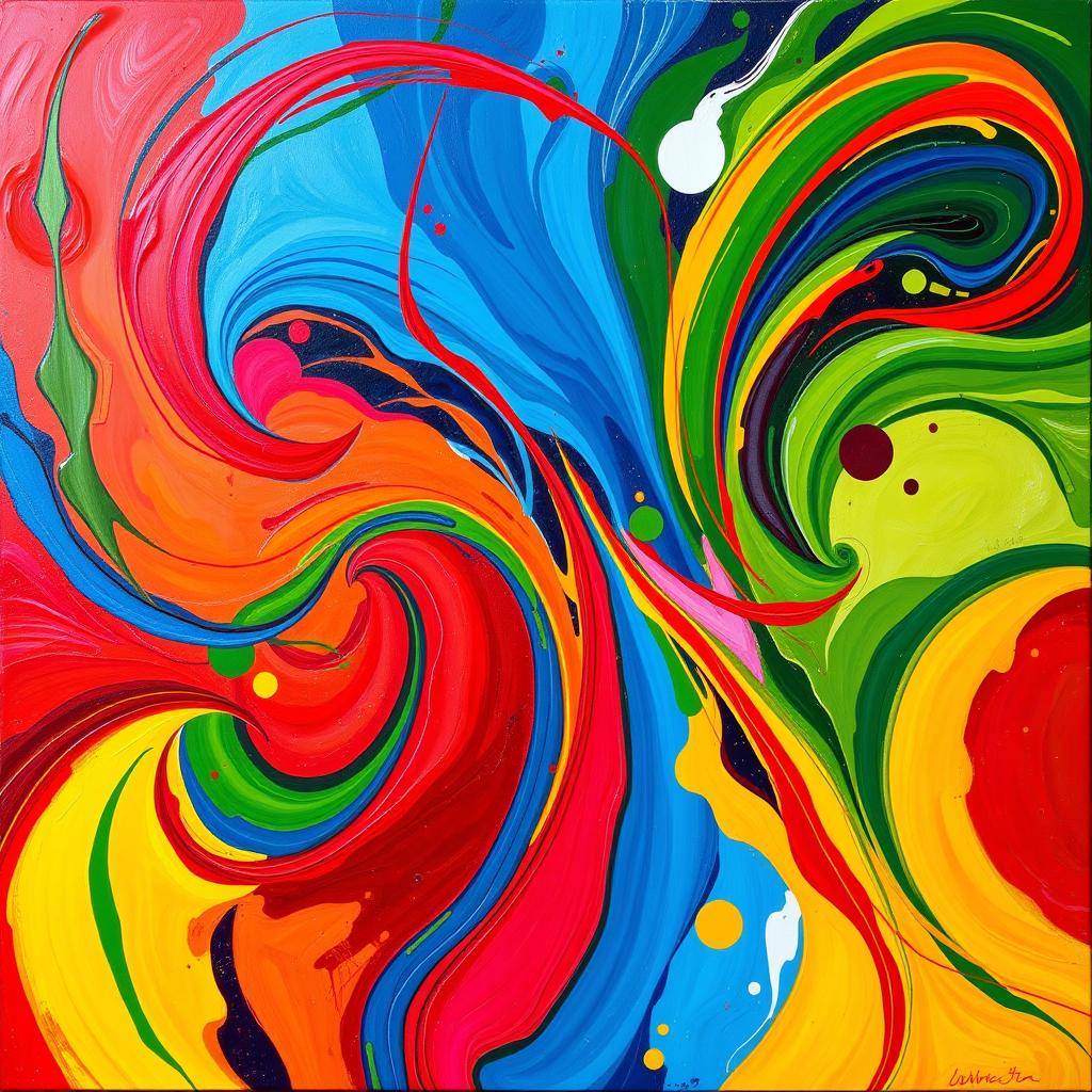 A vibrant and colorful abstract painting with an emphasis on bold reds, deep blues, rich greens, and bright yellows, completely excluding any white tones