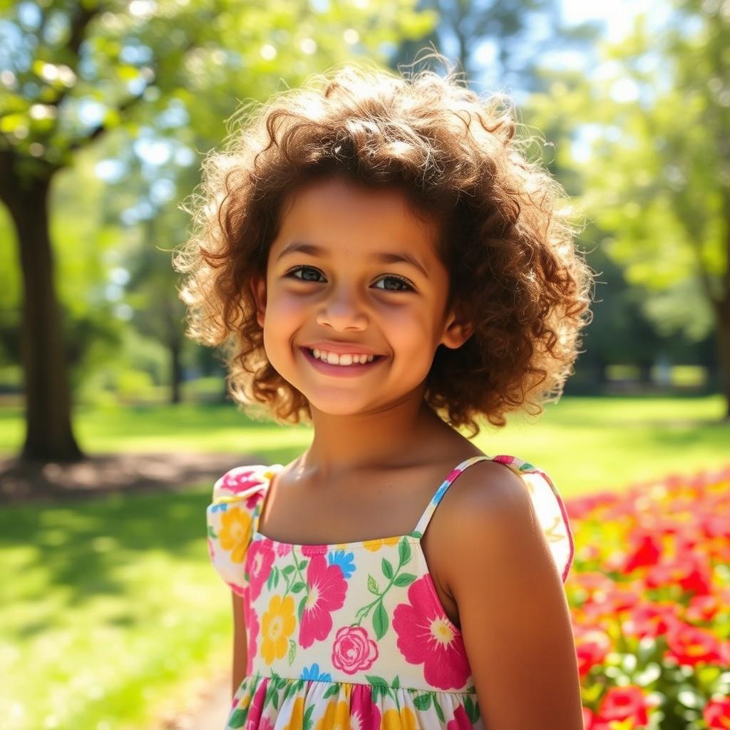 A beautiful girl with curly hair, smiling joyfully, wearing a colorful summer dress with floral patterns, standing in a sunlit park surrounded by blooming flowers and green trees