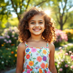 A beautiful girl with curly hair, smiling joyfully, wearing a colorful summer dress with floral patterns, standing in a sunlit park surrounded by blooming flowers and green trees