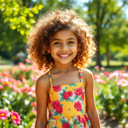 A beautiful girl with curly hair, smiling joyfully, wearing a colorful summer dress with floral patterns, standing in a sunlit park surrounded by blooming flowers and green trees