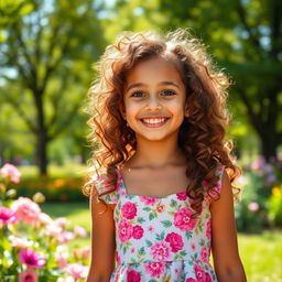 A beautiful girl with curly hair, smiling joyfully, wearing a colorful summer dress with floral patterns, standing in a sunlit park surrounded by blooming flowers and green trees