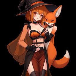 A sexy gothic anime witch girl with shoulder-length orange hair and thick red lips, elegantly wearing a classic witches hat