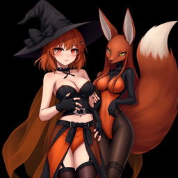 A sexy gothic anime witch girl with shoulder-length orange hair and thick red lips, elegantly wearing a classic witches hat