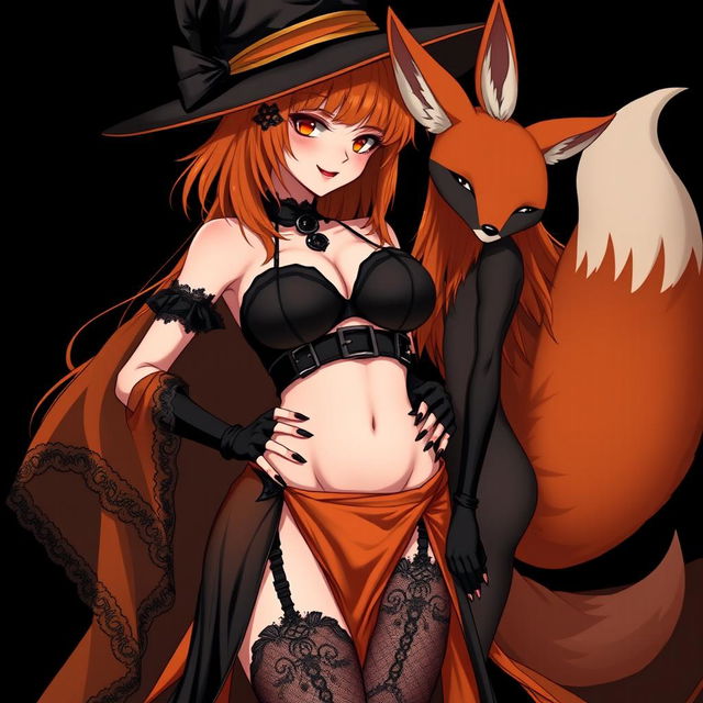 A sexy gothic anime witch girl with shoulder-length orange hair and thick red lips, elegantly wearing a classic witches hat