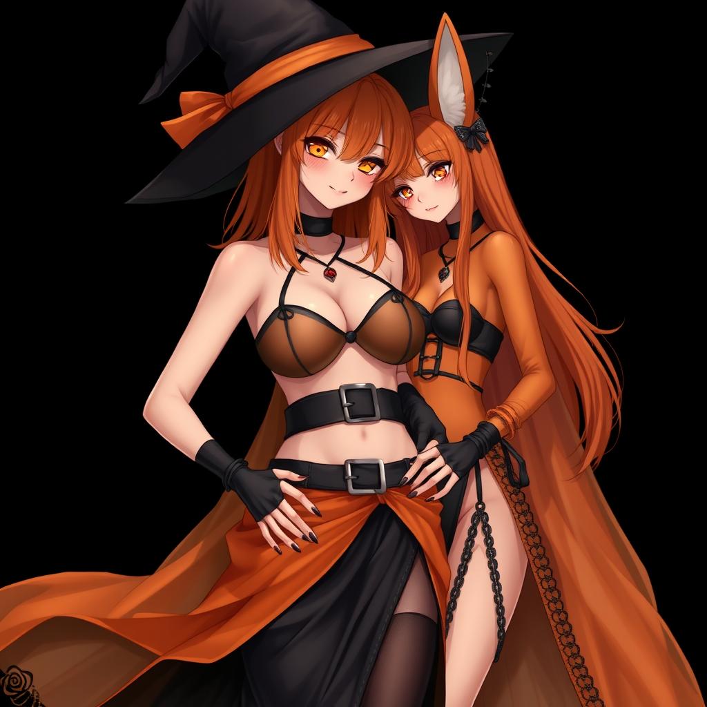 A sexy gothic anime witch girl with shoulder-length orange hair and thick red lips, elegantly wearing a classic witches hat