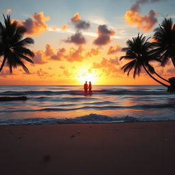 A vibrant sunset landscape over a serene beach, with gentle waves lapping at the shoreline