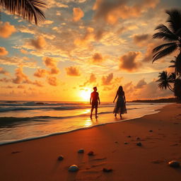 A vibrant sunset landscape over a serene beach, with gentle waves lapping at the shoreline
