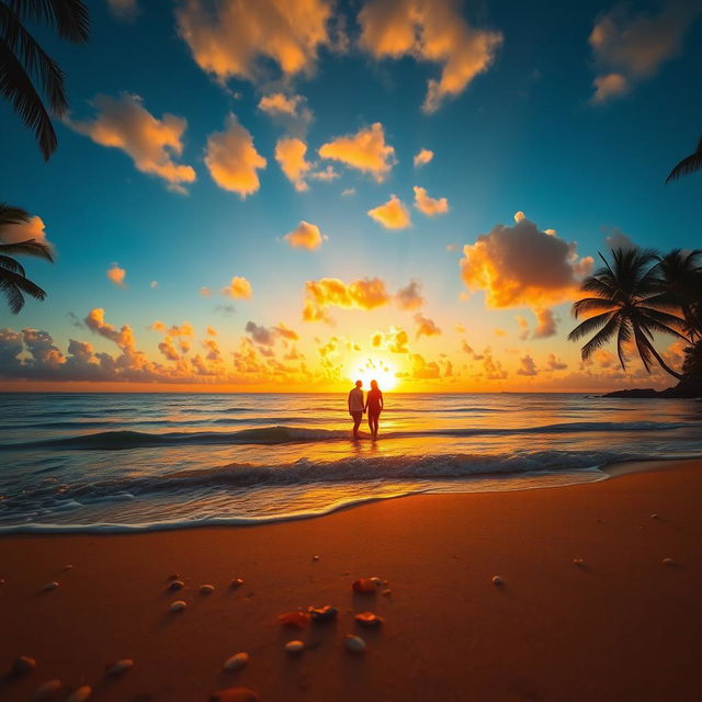 A vibrant sunset landscape over a serene beach, with gentle waves lapping at the shoreline