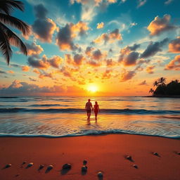 A vibrant sunset landscape over a serene beach, with gentle waves lapping at the shoreline