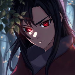 A close-up of a character with Sharingan, a distinctive red eye with black tomoe designs swirling around the pupil, depicted in an anime style