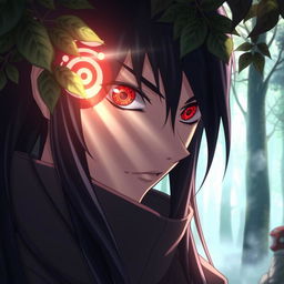 A close-up of a character with Sharingan, a distinctive red eye with black tomoe designs swirling around the pupil, depicted in an anime style
