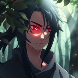 A close-up of a character with Sharingan, a distinctive red eye with black tomoe designs swirling around the pupil, depicted in an anime style