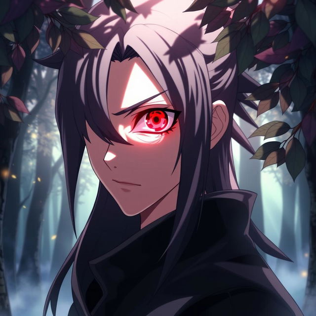 A close-up of a character with Sharingan, a distinctive red eye with black tomoe designs swirling around the pupil, depicted in an anime style