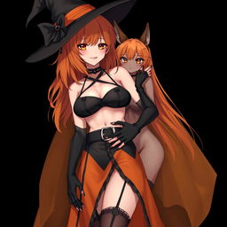 A sexy gothic anime witch girl with shoulder-length orange hair and thick red lips, elegantly wearing a classic witches hat