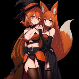 A sexy gothic anime witch girl with shoulder-length orange hair and thick red lips, elegantly wearing a classic witches hat