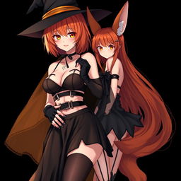 A sexy gothic anime witch girl with shoulder-length orange hair and thick red lips, elegantly wearing a classic witches hat