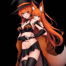 A sexy gothic anime witch girl with shoulder-length orange hair and thick red lips, elegantly wearing a classic witches hat