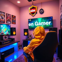 A cozy studio room where a golden person, representing the 'Golden Gamer', is playing video games with a vibrant display of colorful screens