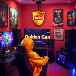 A cozy studio room where a golden person, representing the 'Golden Gamer', is playing video games with a vibrant display of colorful screens