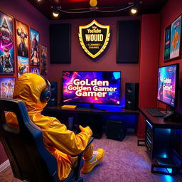 A cozy studio room where a golden person, representing the 'Golden Gamer', is playing video games with a vibrant display of colorful screens