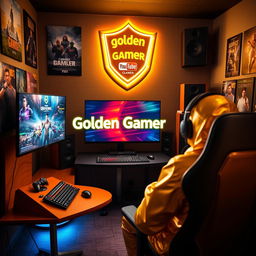 A cozy studio room where a golden person, representing the 'Golden Gamer', is playing video games with a vibrant display of colorful screens