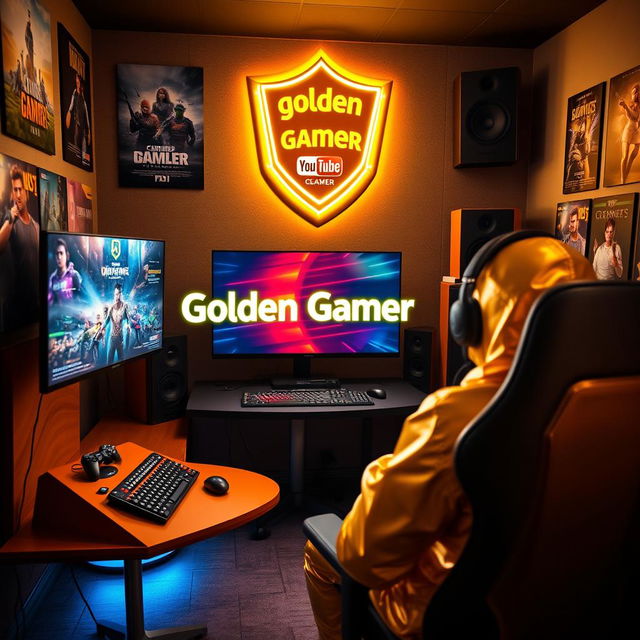 A cozy studio room where a golden person, representing the 'Golden Gamer', is playing video games with a vibrant display of colorful screens