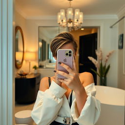 A stylish mirror selfie featuring a person with their face partially hidden behind an iPhone