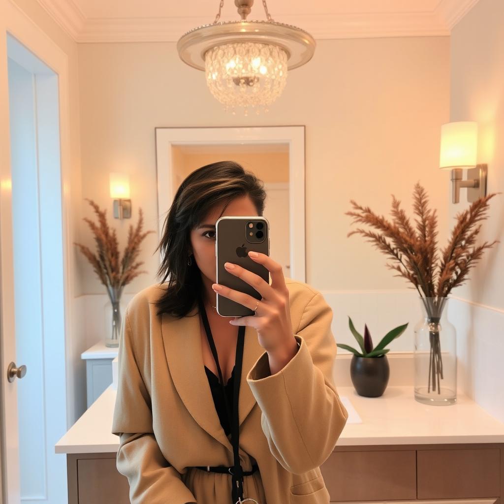 A stylish mirror selfie featuring a person with their face partially hidden behind an iPhone