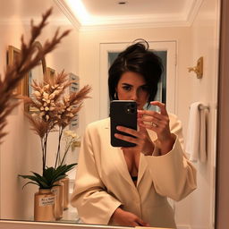 A stylish mirror selfie featuring a person with their face partially hidden behind an iPhone