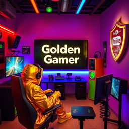 A vibrant studio room with a golden person, embodying the spirit of the 'Golden Gamer', engaged in playing video games at a sleek gaming setup