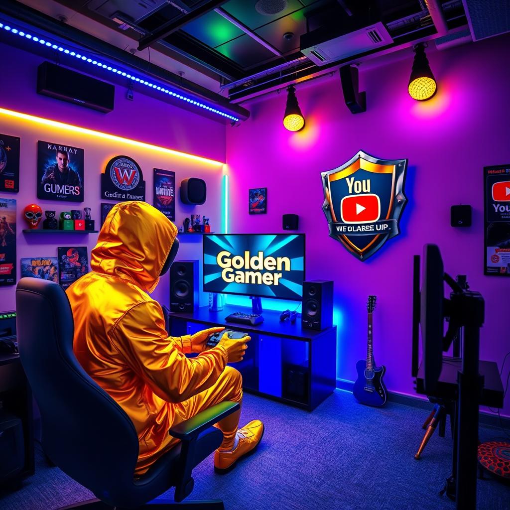 A vibrant studio room with a golden person, embodying the spirit of the 'Golden Gamer', engaged in playing video games at a sleek gaming setup