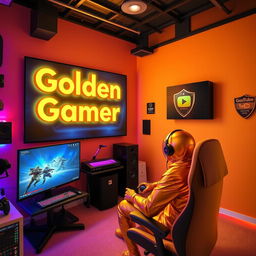 A vibrant studio room with a golden person, embodying the spirit of the 'Golden Gamer', engaged in playing video games at a sleek gaming setup