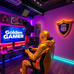 A vibrant studio room with a golden person, embodying the spirit of the 'Golden Gamer', engaged in playing video games at a sleek gaming setup
