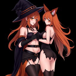 A sexy gothic anime witch girl with shoulder-length orange hair and thick red lips, elegantly wearing a classic witches hat