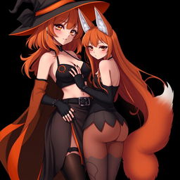 A sexy gothic anime witch girl with shoulder-length orange hair and thick red lips, elegantly wearing a classic witches hat