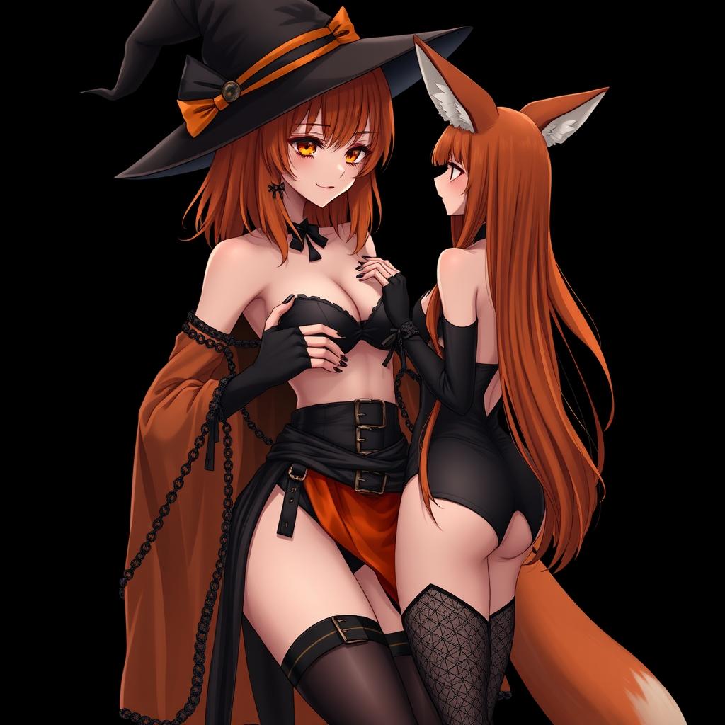 A sexy gothic anime witch girl with shoulder-length orange hair and thick red lips, elegantly wearing a classic witches hat