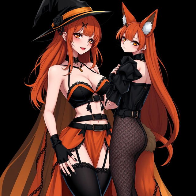 A sexy gothic anime witch girl with shoulder-length orange hair and thick red lips, elegantly wearing a classic witches hat