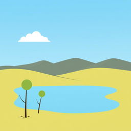 A very simple illustration featuring a scenic landscape with rolling hills in the background, a clear blue sky with a few fluffy white clouds, and a small, tranquil lake reflecting the sky