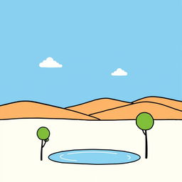 A very simple illustration featuring a scenic landscape with rolling hills in the background, a clear blue sky with a few fluffy white clouds, and a small, tranquil lake reflecting the sky