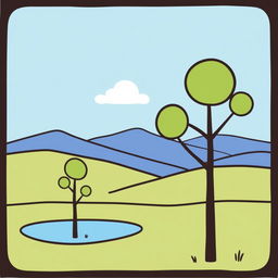 A very simple illustration featuring a scenic landscape with rolling hills in the background, a clear blue sky with a few fluffy white clouds, and a small, tranquil lake reflecting the sky