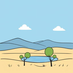 A very simple illustration featuring a scenic landscape with rolling hills in the background, a clear blue sky with a few fluffy white clouds, and a small, tranquil lake reflecting the sky