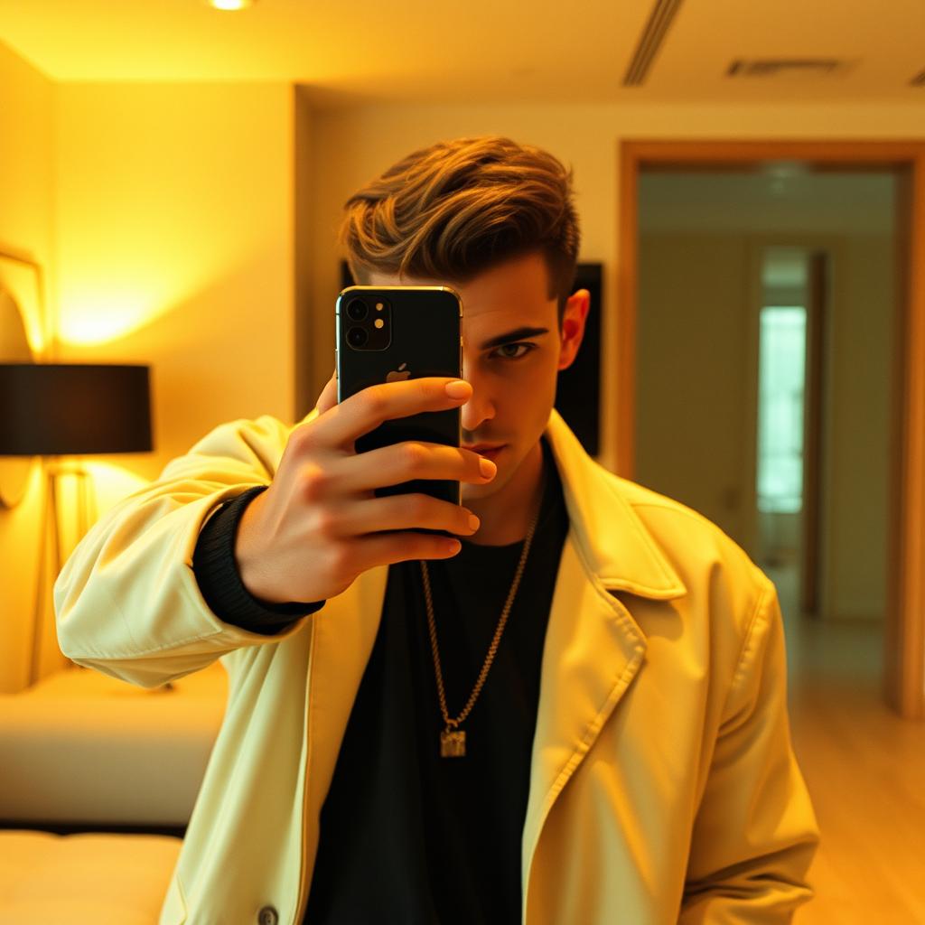 A male figure taking a mirror selfie, with the focus on the reflection in the mirror