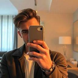 A male figure taking a mirror selfie, with the focus on the reflection in the mirror