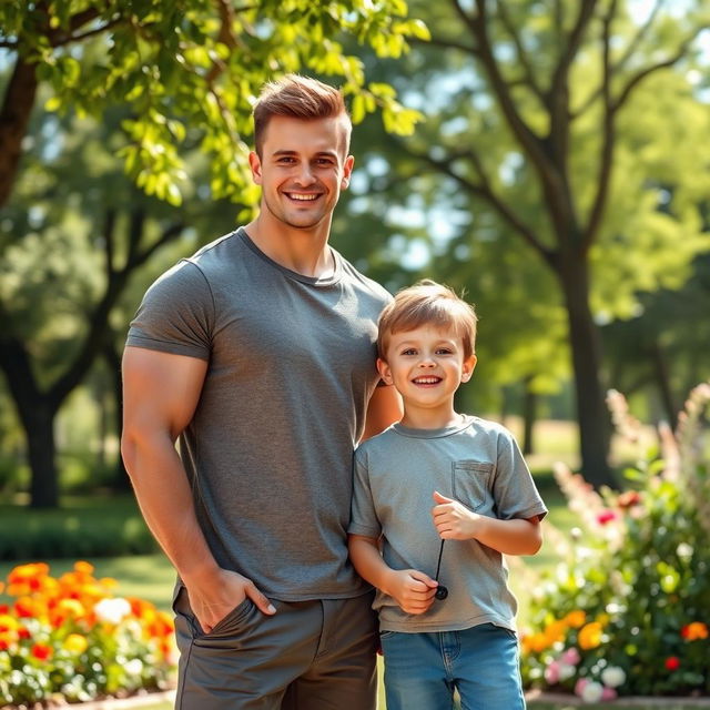A cute, handsome muscular guy with a charming smile standing confidently next to a young boy who looks excited and happy